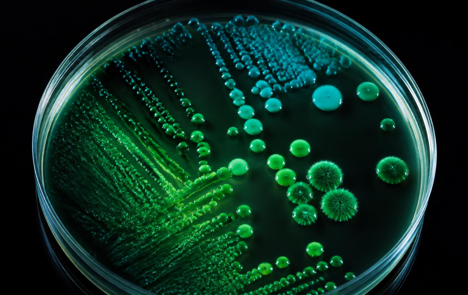 Placa de Petri com colônias bacterianas verdes em ágar